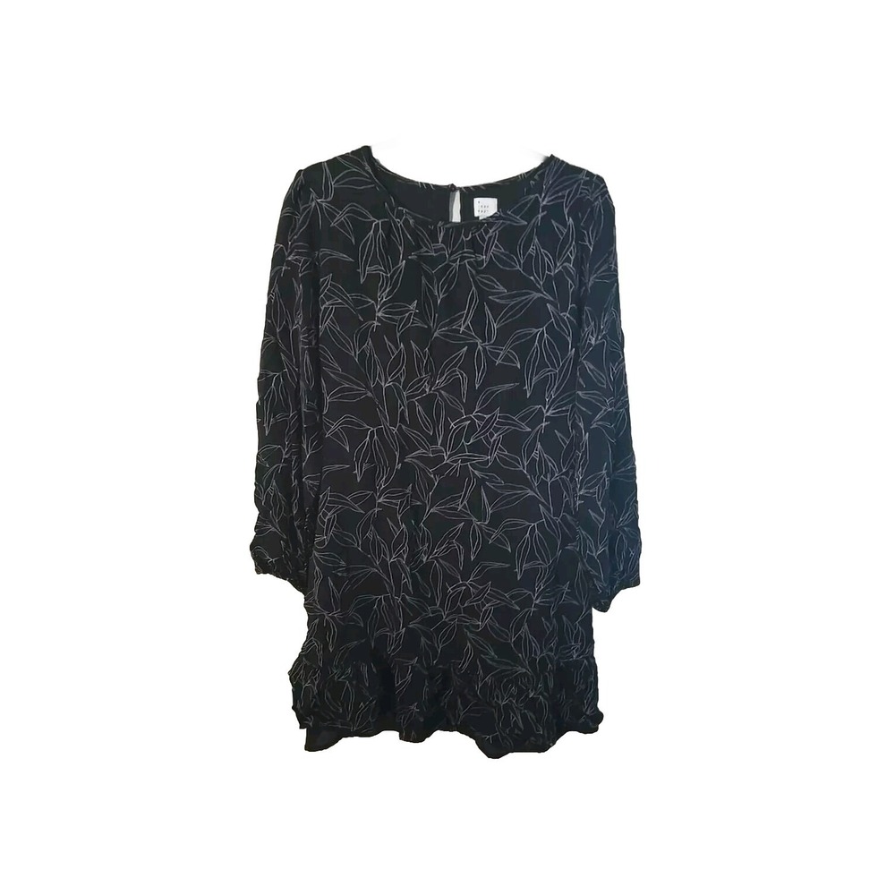 A New Day Black White Leaf Print Ruffle Hem Mini Dress XL Long Sleeve Keyhole